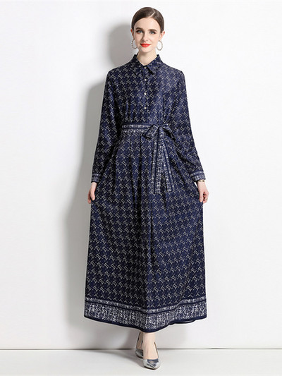 Νέα Φθινοπωρινά Μόδα Γράμματα Εκτύπωση Γιορτινό Μακρύ Φόρεμα Γυναικείο Ολόσωμο μανίκι Ζώνη γιακά με Δαντέλα Επάνω Vintage Ρόμπα Vestidos