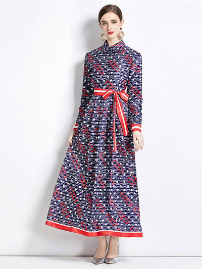 Νέα Φθινοπωρινά Μόδα Γράμματα Εκτύπωση Γιορτινό Μακρύ Φόρεμα Γυναικείο Ολόσωμο μανίκι Ζώνη γιακά με Δαντέλα Επάνω Vintage Ρόμπα Vestidos