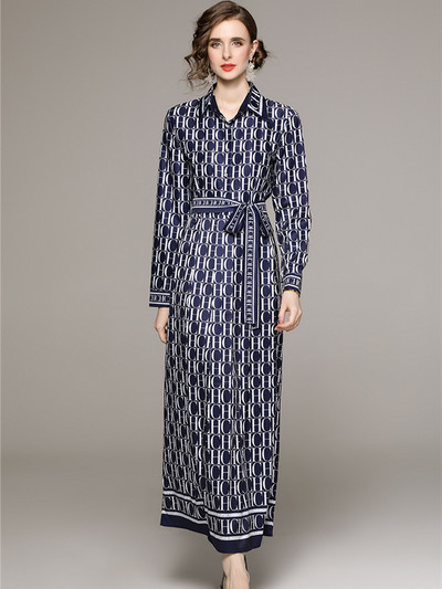 Νέα Φθινοπωρινά Μόδα Γράμματα Εκτύπωση Γιορτινό Μακρύ Φόρεμα Γυναικείο Ολόσωμο μανίκι Ζώνη γιακά με Δαντέλα Επάνω Vintage Ρόμπα Vestidos