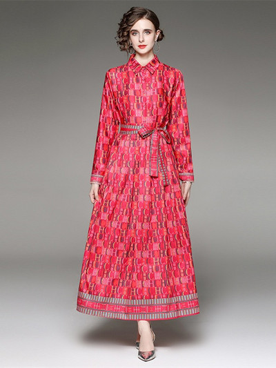 Νέα Φθινοπωρινά Μόδα Γράμματα Εκτύπωση Γιορτινό Μακρύ Φόρεμα Γυναικείο Ολόσωμο μανίκι Ζώνη γιακά με Δαντέλα Επάνω Vintage Ρόμπα Vestidos