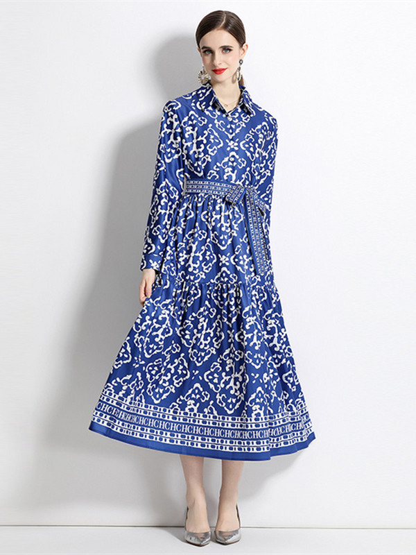 Νέα Φθινοπωρινά Μόδα Γράμματα Εκτύπωση Γιορτινό Μακρύ Φόρεμα Γυναικείο Ολόσωμο μανίκι Ζώνη γιακά με Δαντέλα Επάνω Vintage Ρόμπα Vestidos