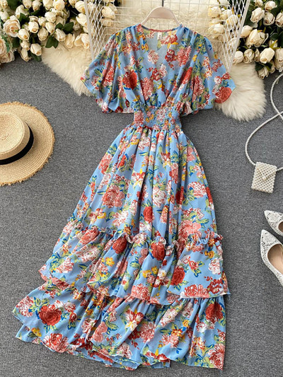 Bohemian Γυναικεία φλοράλ εμπριμέ μακρύ φόρεμα Σέξι με V λαιμόκοψη κοντό μανίκι ψηλόμεσο βολάν Παραλία Vacation Vestidos Γυναικεία μάξι ρόμπα Νέα