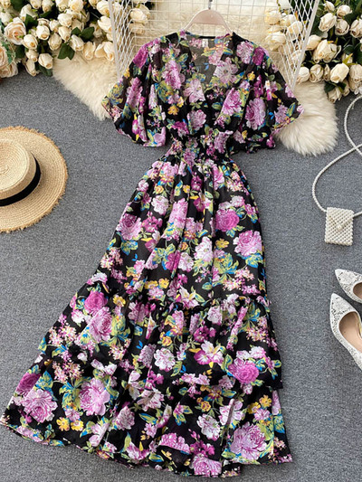 Bohemian Γυναικεία φλοράλ εμπριμέ μακρύ φόρεμα Σέξι με V λαιμόκοψη κοντό μανίκι ψηλόμεσο βολάν Παραλία Vacation Vestidos Γυναικεία μάξι ρόμπα Νέα