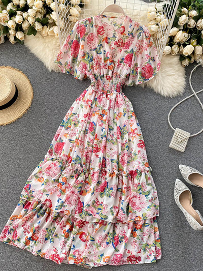 Bohemian Γυναικεία φλοράλ εμπριμέ μακρύ φόρεμα Σέξι με V λαιμόκοψη κοντό μανίκι ψηλόμεσο βολάν Παραλία Vacation Vestidos Γυναικεία μάξι ρόμπα Νέα