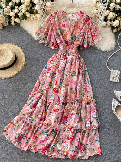 Bohemian Γυναικεία φλοράλ εμπριμέ μακρύ φόρεμα Σέξι με V λαιμόκοψη κοντό μανίκι ψηλόμεσο βολάν Παραλία Vacation Vestidos Γυναικεία μάξι ρόμπα Νέα