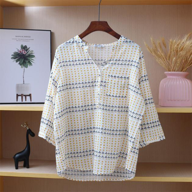 Ljeto Novi umjetnički stil Ženske ležerne košulje s 3/4 rukava s V-izrezom Vintage print široke bluze 100% pamuk Femme majice visoke kvalitete M81