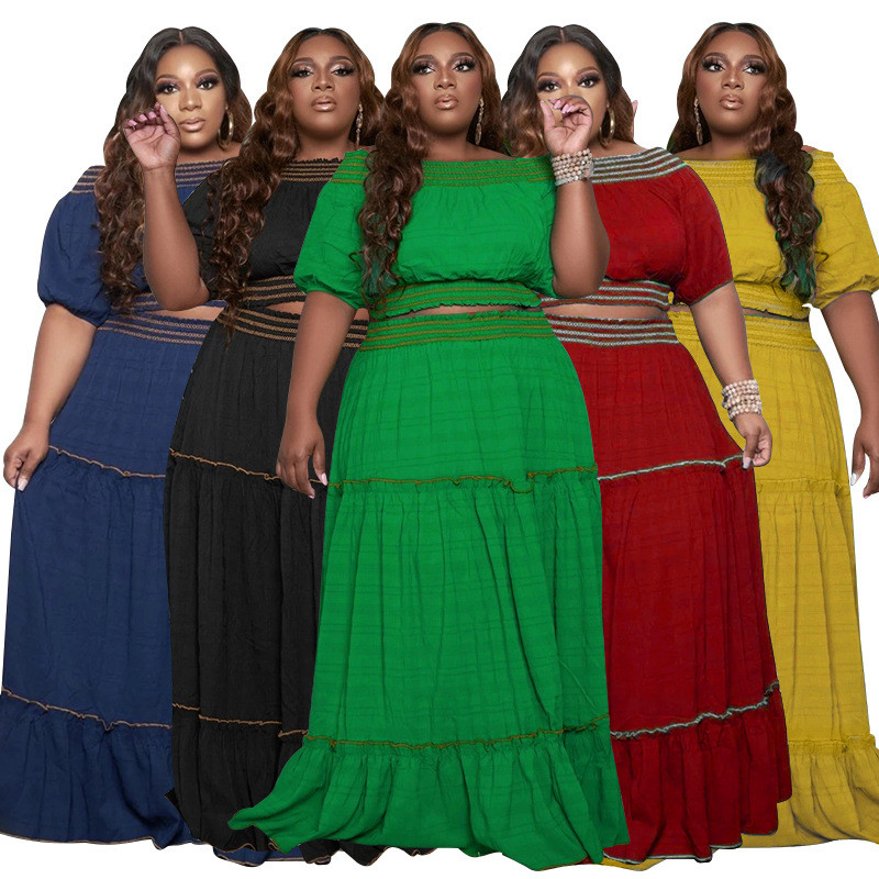 3xl 4xl Moterų didelio dydžio rinkiniai Sexy Dew pečiai trumpomis rankovėmis Crop Top dviejų dalių rinkinys Elegantiškas maksi sijonas Didmeninė prekyba