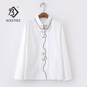 Ανοιξιάτικο Νέο Γυναικείο Κέντημα με πατούσες γάτας με κινούμενα σχέδια Βαμβακερό λευκό πουκάμισο με γυριστό γιακά με κουμπί επάνω μπλούζα Φθινοπωρινά γλυκά κοριτσίστικα μπλουζάκια T11701F