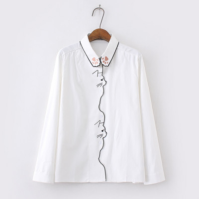 Ανοιξιάτικο Νέο Γυναικείο Κέντημα με πατούσες γάτας με κινούμενα σχέδια Βαμβακερό λευκό πουκάμισο με γυριστό γιακά με κουμπί επάνω μπλούζα Φθινοπωρινά γλυκά κοριτσίστικα μπλουζάκια T11701F