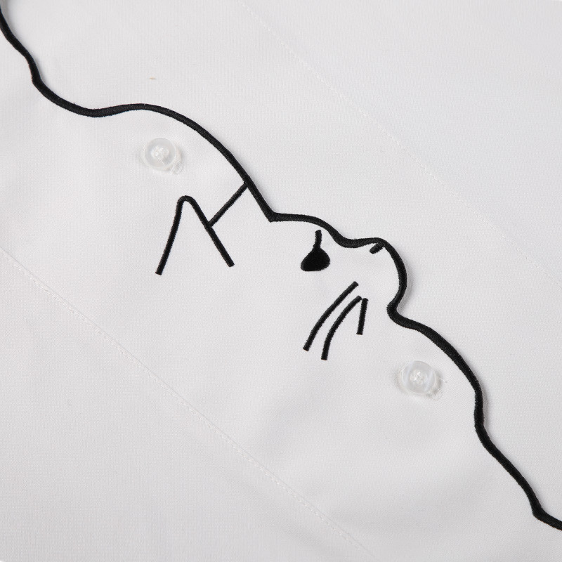 Ανοιξιάτικο Νέο Γυναικείο Κέντημα με πατούσες γάτας με κινούμενα σχέδια Βαμβακερό λευκό πουκάμισο με γυριστό γιακά με κουμπί επάνω μπλούζα Φθινοπωρινά γλυκά κοριτσίστικα μπλουζάκια T11701F