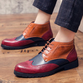 Cizme chelsea de primăvară pentru bărbați Cizme din piele Cizme cu șireturi pantofi Oxford înalți cu bloc de culoare Cizme de afaceri Marimea Plus 38-48