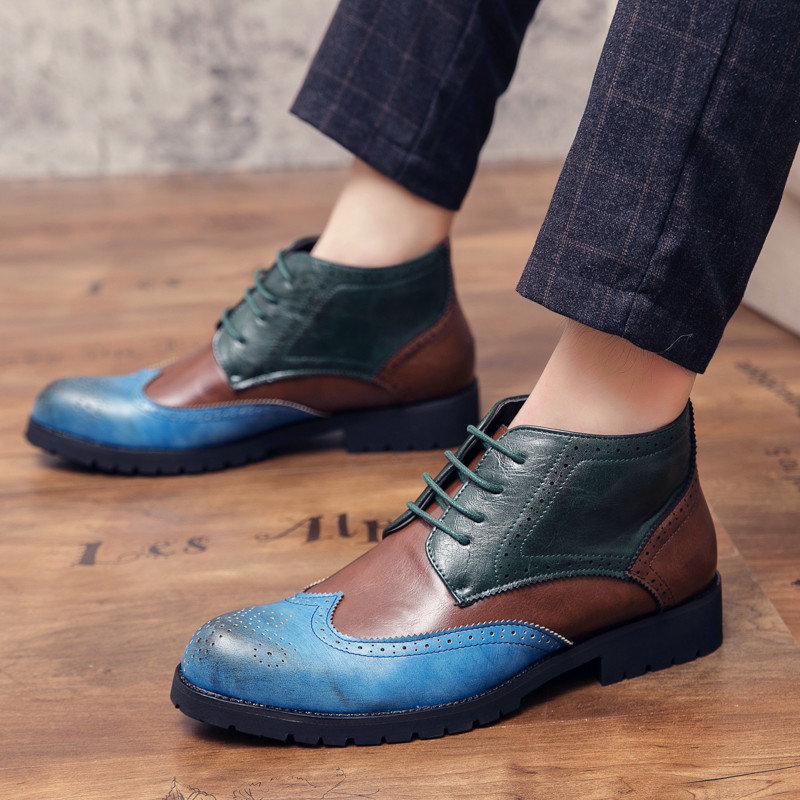 Cizme chelsea de primăvară pentru bărbați Cizme din piele Cizme cu șireturi pantofi Oxford înalți cu bloc de culoare Cizme de afaceri Marimea Plus 38-48