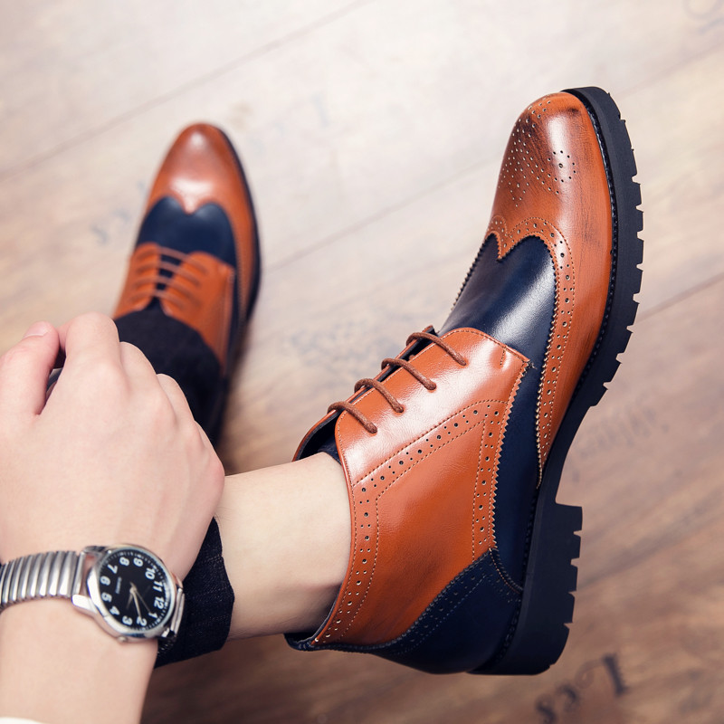 Cizme chelsea de primăvară pentru bărbați Cizme din piele Cizme cu șireturi pantofi Oxford înalți cu bloc de culoare Cizme de afaceri Marimea Plus 38-48