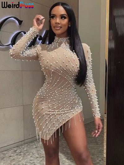 Weird Puss Pearl Mesh Rochie sexy cu strasuri cu ciucuri laterale cu mâneci lungi elastice bodycon tendință ținută de petrecere la miezul nopții