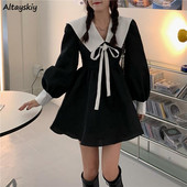 Rochii cu mânecă lungă pentru femei, mozaic, guler marinar, fundă, decorați talie înaltă, linie A, dulce de primăvară, mini rochie, modă coreeană nou