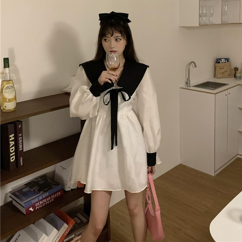 Rochii cu mânecă lungă pentru femei, mozaic, guler marinar, fundă, decorați talie înaltă, linie A, dulce de primăvară, mini rochie, modă coreeană nou