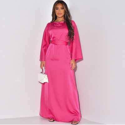 Elegantna satenska jednobojna maksi haljina za žene, modni ogrtači s O-izrezom i dugim rukavima na vezanje, 2023. Novi ženski šik klubski vestidosi