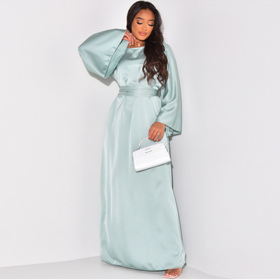 Elegantna satenska jednobojna maksi haljina za žene, modni ogrtači s O-izrezom i dugim rukavima na vezanje, 2023. Novi ženski šik klubski vestidosi