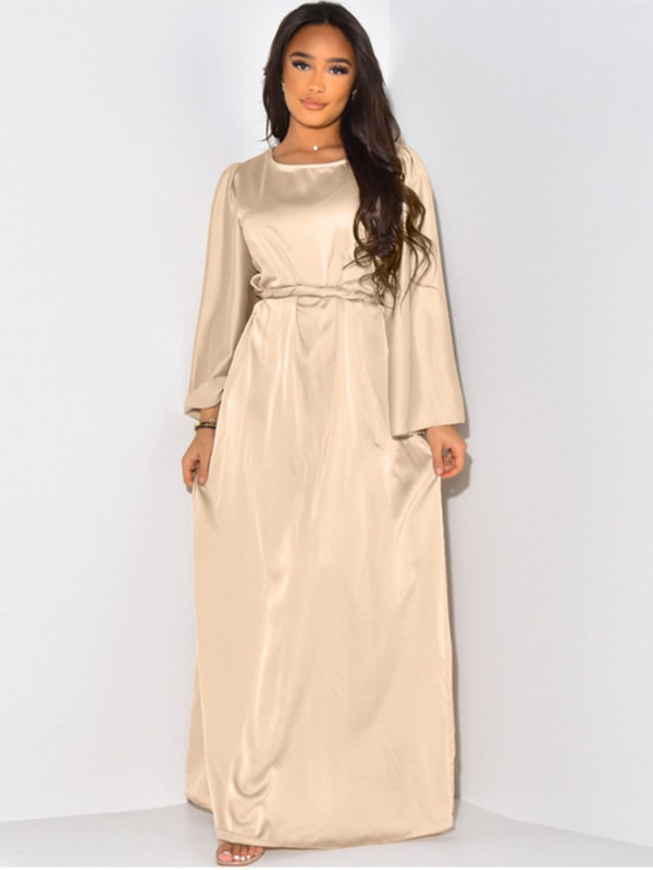 Elegantna satenska jednobojna maksi haljina za žene, modni ogrtači s O-izrezom i dugim rukavima na vezanje, 2023. Novi ženski šik klubski vestidosi