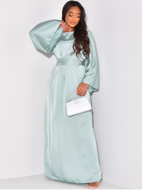 Elegantna satenska jednobojna maksi haljina za žene, modni ogrtači s O-izrezom i dugim rukavima na vezanje, 2023. Novi ženski šik klubski vestidosi