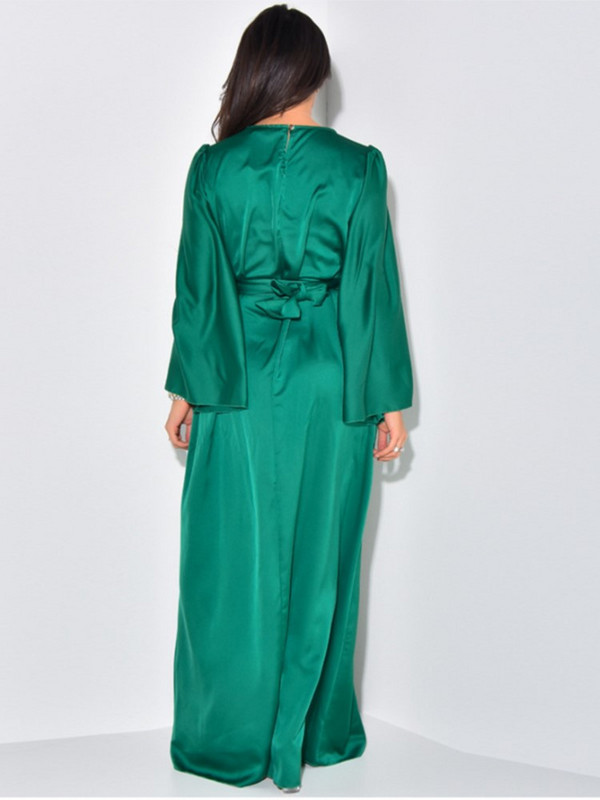 Elegantna satenska jednobojna maksi haljina za žene, modni ogrtači s O-izrezom i dugim rukavima na vezanje, 2023. Novi ženski šik klubski vestidosi