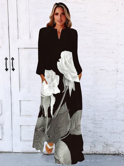 Rochie lungă toamnă iarnă femei negru cu mâneci lungi decolteu în V rochii elegante petrecere casual imprimeu facial rochie vintage plus mărime 2023