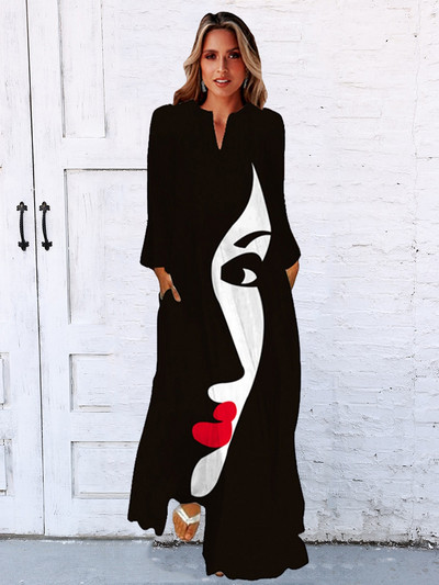 Rochie lungă toamnă iarnă femei negru cu mâneci lungi decolteu în V rochii elegante petrecere casual imprimeu facial rochie vintage plus mărime 2023