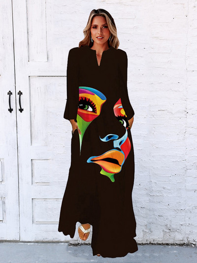 Rochie lungă toamnă iarnă femei negru cu mâneci lungi decolteu în V rochii elegante petrecere casual imprimeu facial rochie vintage plus mărime 2023