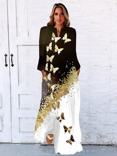 Rochie lungă toamnă iarnă femei negru cu mâneci lungi decolteu în V rochii elegante petrecere casual imprimeu facial rochie vintage plus mărime 2023