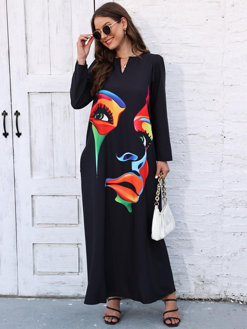 Rochie lungă toamnă iarnă femei negru cu mâneci lungi decolteu în V rochii elegante petrecere casual imprimeu facial rochie vintage plus mărime 2023