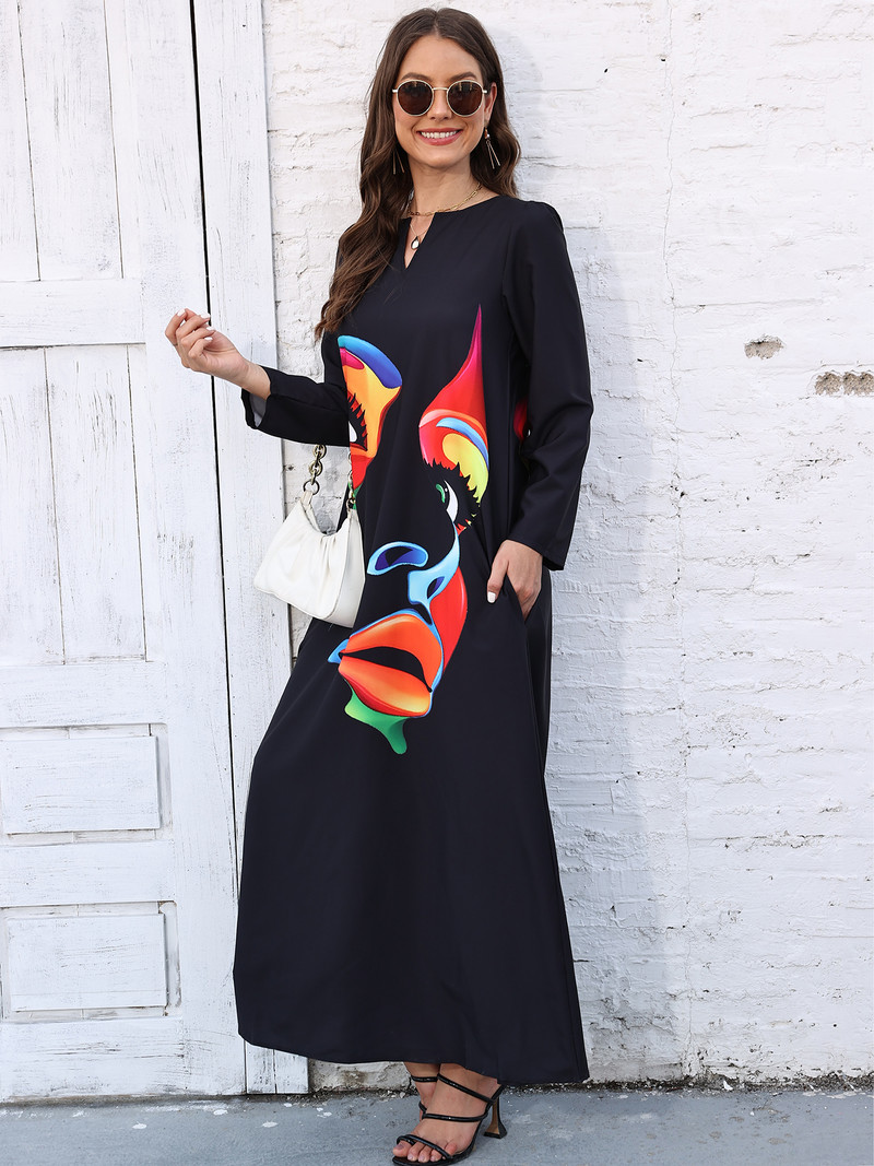 Rochie lungă toamnă iarnă femei negru cu mâneci lungi decolteu în V rochii elegante petrecere casual imprimeu facial rochie vintage plus mărime 2023