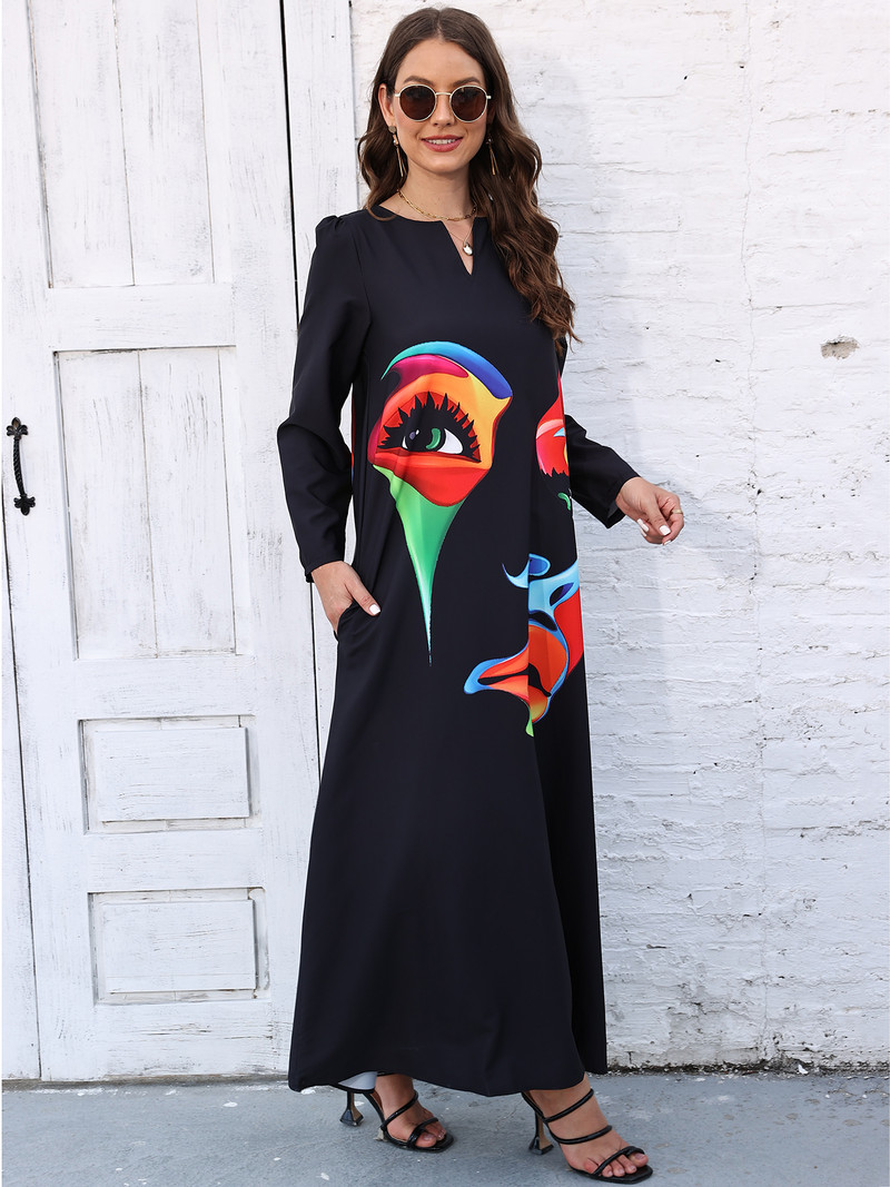 Rochie lungă toamnă iarnă femei negru cu mâneci lungi decolteu în V rochii elegante petrecere casual imprimeu facial rochie vintage plus mărime 2023