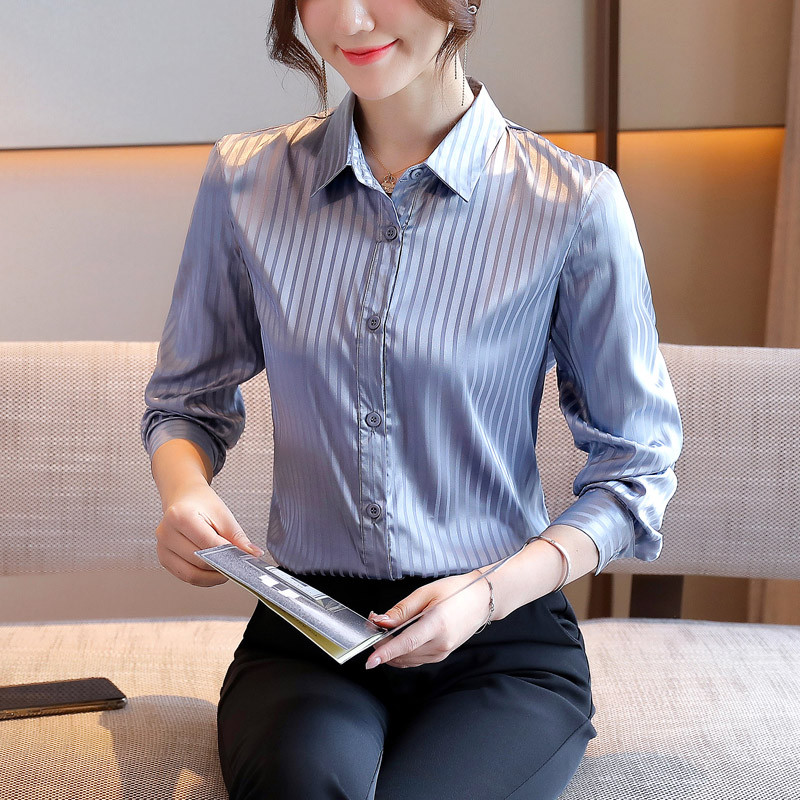 Elegantna uredska ženska radna košulja Ženska bluza Proljeće Jesen Satenska svilena košulja dugih rukava Ženska majica Ružičasto plava košulja na pruge
