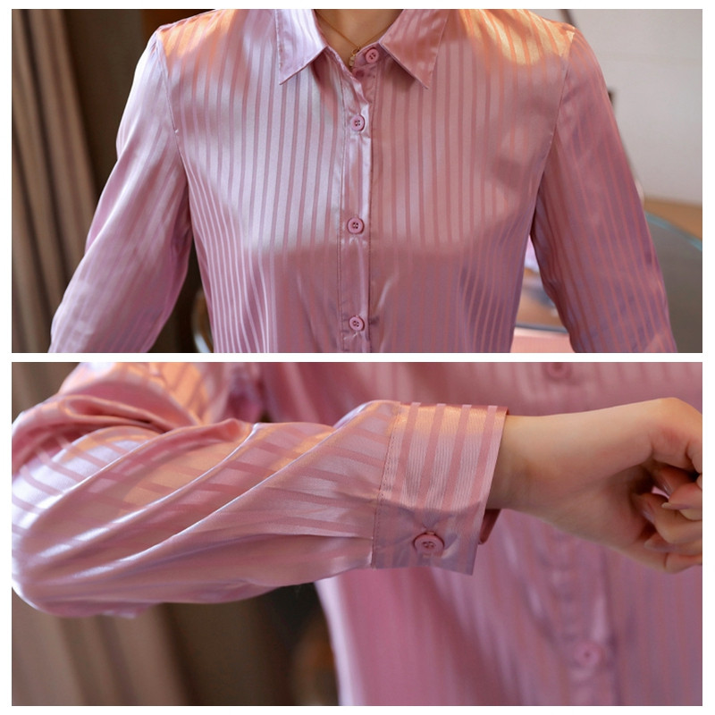 Elegantna uredska ženska radna košulja Ženska bluza Proljeće Jesen Satenska svilena košulja dugih rukava Ženska majica Ružičasto plava košulja na pruge