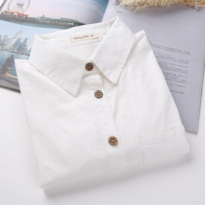 Ανοιξιάτικο φθινόπωρο Κορέα Γυναικεία Πουκάμισα Μακρυμάνικα Συνονθύλευμα Ριγέ Λευκό Πουκάμισο 100% Βαμβάκι Γυναικείες Casual Μπλούζες D195