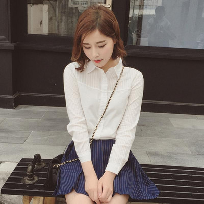 Ανοιξιάτικο φθινόπωρο Κορέα Γυναικεία Πουκάμισα Μακρυμάνικα Συνονθύλευμα Ριγέ Λευκό Πουκάμισο 100% Βαμβάκι Γυναικείες Casual Μπλούζες D195