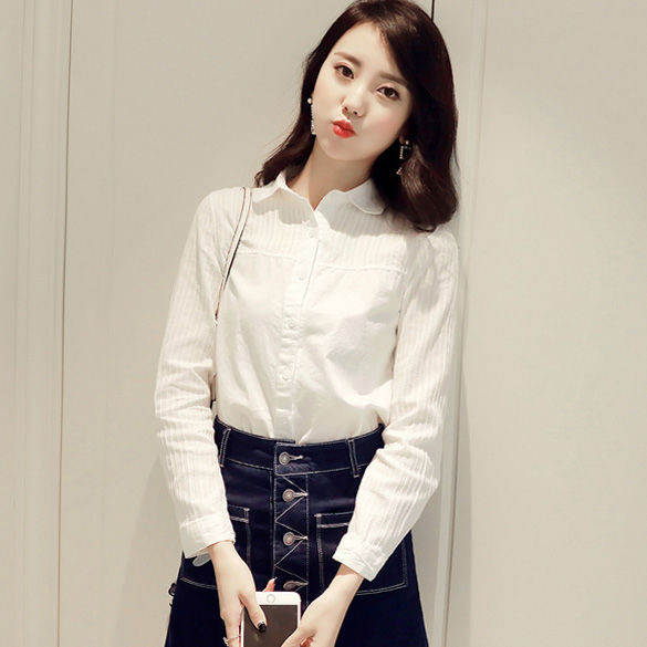 Ανοιξιάτικο φθινόπωρο Κορέα Γυναικεία Πουκάμισα Μακρυμάνικα Συνονθύλευμα Ριγέ Λευκό Πουκάμισο 100% Βαμβάκι Γυναικείες Casual Μπλούζες D195