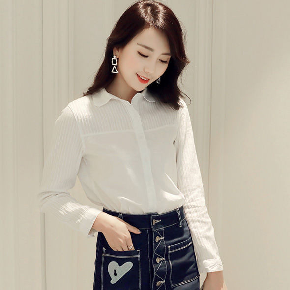 Ανοιξιάτικο φθινόπωρο Κορέα Γυναικεία Πουκάμισα Μακρυμάνικα Συνονθύλευμα Ριγέ Λευκό Πουκάμισο 100% Βαμβάκι Γυναικείες Casual Μπλούζες D195
