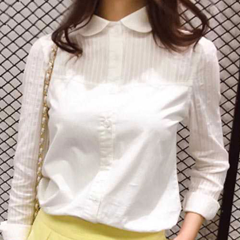 Ανοιξιάτικο φθινόπωρο Κορέα Γυναικεία Πουκάμισα Μακρυμάνικα Συνονθύλευμα Ριγέ Λευκό Πουκάμισο 100% Βαμβάκι Γυναικείες Casual Μπλούζες D195