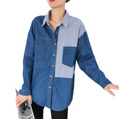 Moda proljeće jesen ženske pruge kontrastne boje ovratnik s dugim rukavima bluza s džepovima labave traper košulje ležerne majice