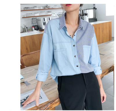 Moda proljeće jesen ženske pruge kontrastne boje ovratnik s dugim rukavima bluza s džepovima labave traper košulje ležerne majice