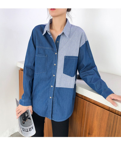 Moda proljeće jesen ženske pruge kontrastne boje ovratnik s dugim rukavima bluza s džepovima labave traper košulje ležerne majice