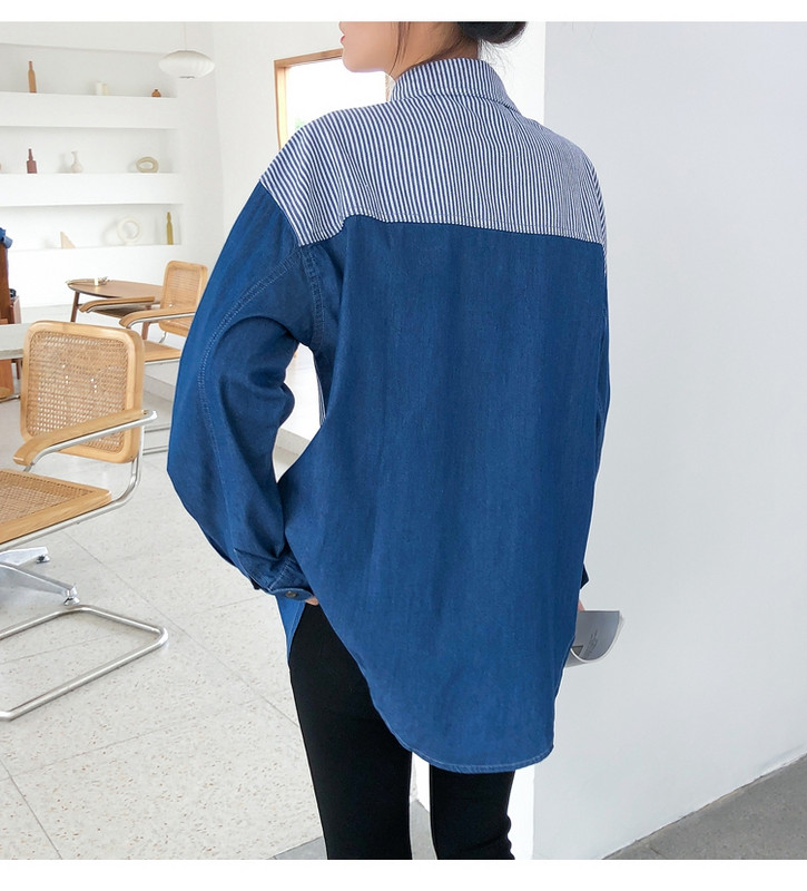 Moda proljeće jesen ženske pruge kontrastne boje ovratnik s dugim rukavima bluza s džepovima labave traper košulje ležerne majice