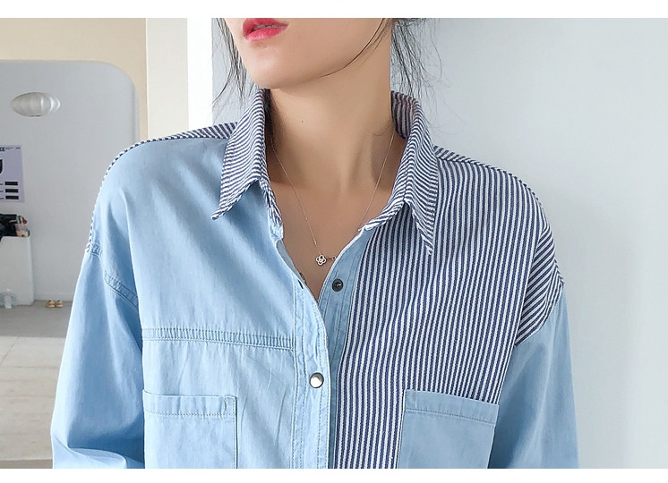 Moda proljeće jesen ženske pruge kontrastne boje ovratnik s dugim rukavima bluza s džepovima labave traper košulje ležerne majice