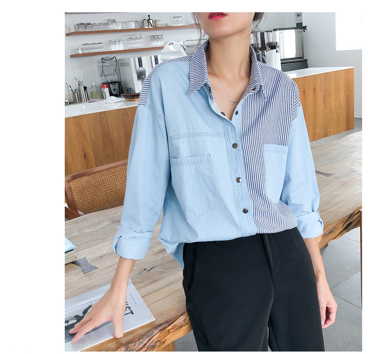 Moda proljeće jesen ženske pruge kontrastne boje ovratnik s dugim rukavima bluza s džepovima labave traper košulje ležerne majice