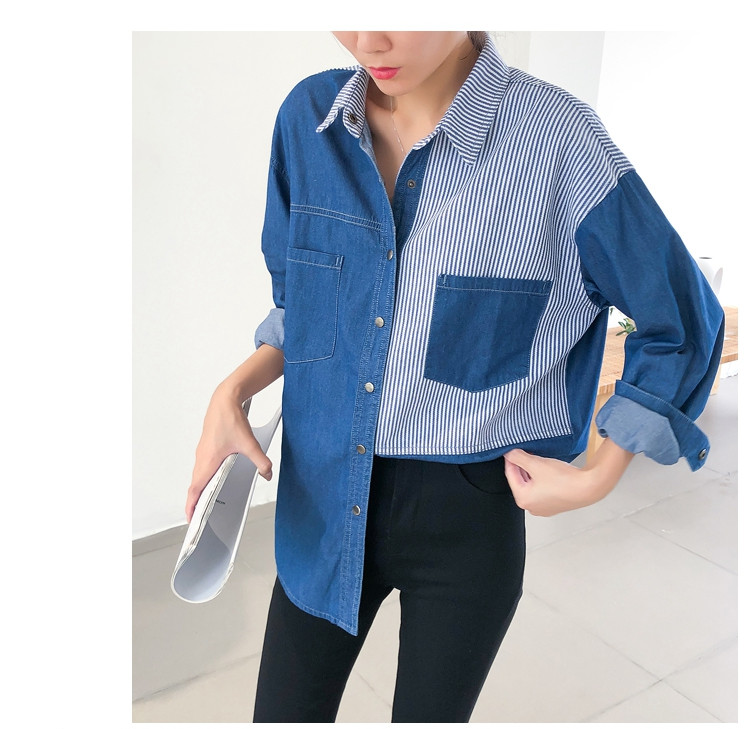 Moda proljeće jesen ženske pruge kontrastne boje ovratnik s dugim rukavima bluza s džepovima labave traper košulje ležerne majice