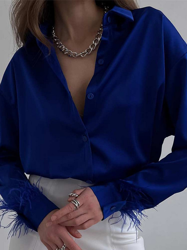 Manșete cu pene Cămăși elegante pentru femei 2023 din satin, la modă de primăvară, bluză cu nasturi, mâneci lungi, cu guler răsturnat, topuri 21619