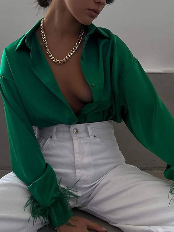 Manșete cu pene Cămăși elegante pentru femei 2023 din satin, la modă de primăvară, bluză cu nasturi, mâneci lungi, cu guler răsturnat, topuri 21619