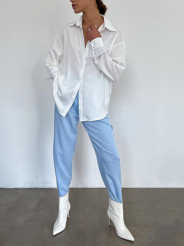 Manșete cu pene Cămăși elegante pentru femei 2023 din satin, la modă de primăvară, bluză cu nasturi, mâneci lungi, cu guler răsturnat, topuri 21619