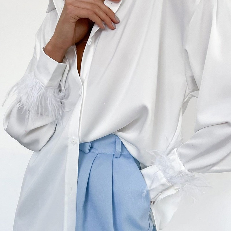 Manșete cu pene Cămăși elegante pentru femei 2023 din satin, la modă de primăvară, bluză cu nasturi, mâneci lungi, cu guler răsturnat, topuri 21619